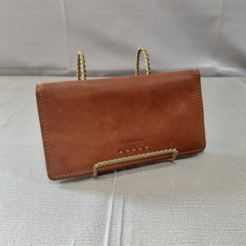 Vtg Fossil Bifold Checkbook Wallet Genuine Leather Cognac Bifold Slimline